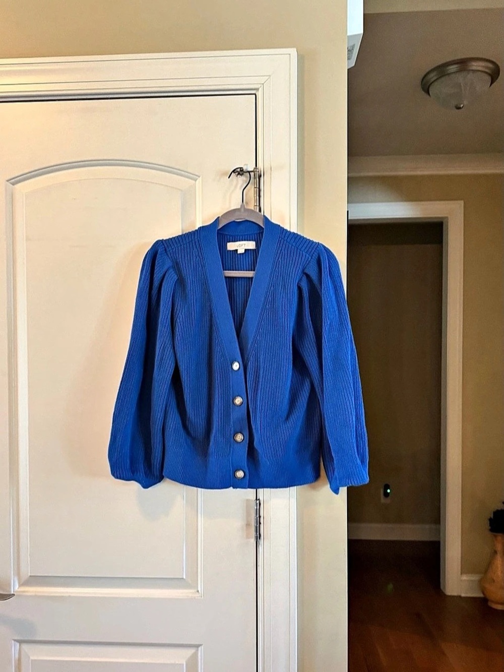 LOFT Ribbed Puff Sleeve Cardigan Blue Cotton Medium